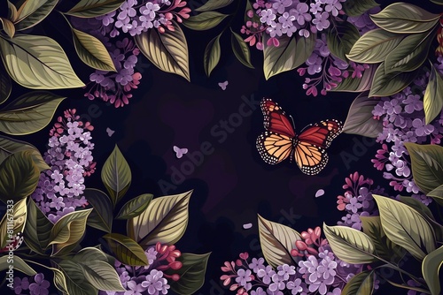 Flower frame with butterfly. Blooming lilac and cherry. Vector