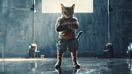 Surreal of Powerful Bengal Cat Athlete Posing in Modern Gym Setting
