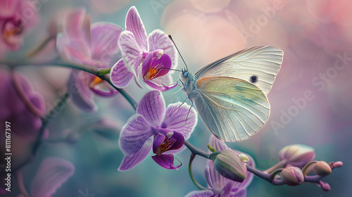 White butterfly on a purple orchid with a dreamy backdrop