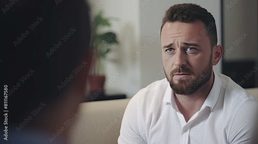 A man at an appointment with a psychologist talks about his difficulties. Finding solutions to problems with a trusted doctor. Unburdening heart, embracing support.