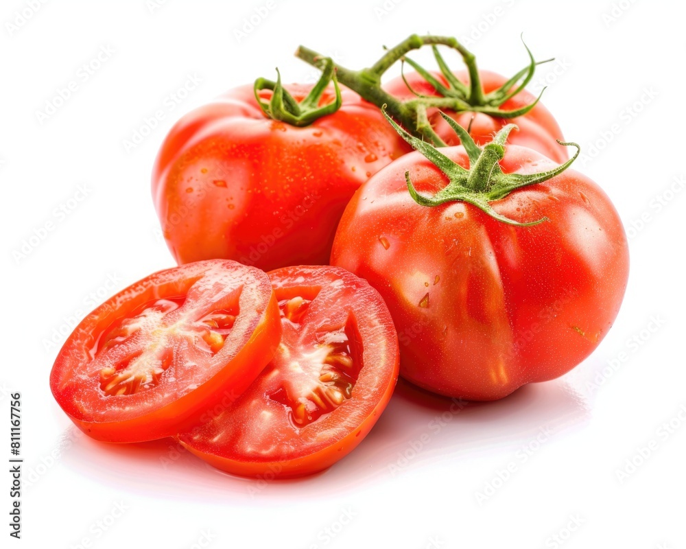 Tomatoes On White Background. Whole and Sliced Fresh Red Organic Tomatoes Composition Tomatoes On White Background. Whole and Sliced Fresh Red Organic Tomatoes Composition