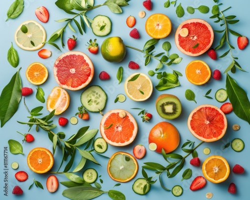 Flat Lay Food. Creative and Colorful Layout with Fruits and Vegetables on Bright Background