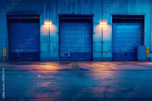 Modern working doors of industrial warehouses under intense light, protected from bright blue photo