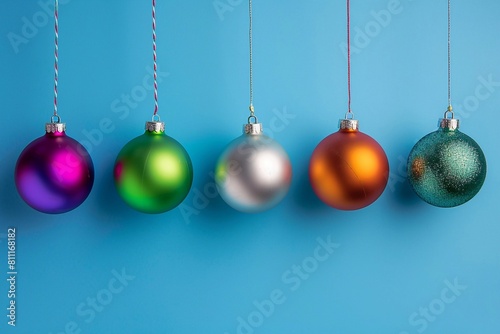 Style and beautiful row of color christmas balls hanging on strings over blue background 