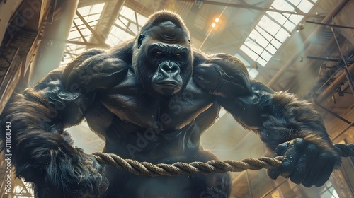 Powerful Gorilla Athlete Showcases Muscular Physique in Surreal Gym Setting with Lighting and Ropes