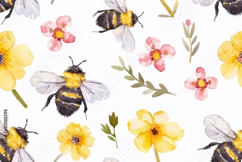 Fototapeta Naklejka Na Ścianę i Meble -  Adorable illustration seamless pattern with watercolor cute cartoon bee and flowers isolated on white.