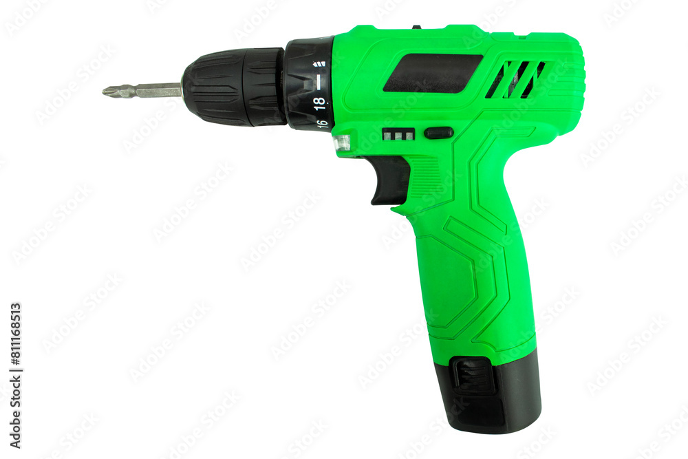 Electric screwdriver (screwdriver) and self-tapping screw: tools for repair and construction. Isolated on transparent background.