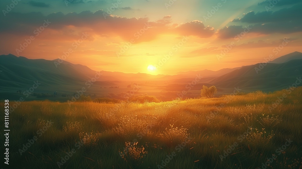 Sunset over meadow,golden hour,natural background concept,grasses and flowers,blurred mountain. Sunset over meadow,golden hour,natural background concept,grasses and flowers,blurred mountain.