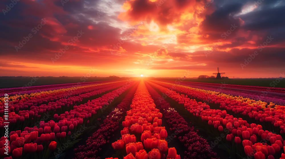 Horizon view of tulip field and windmill at sunrise or sunset ...