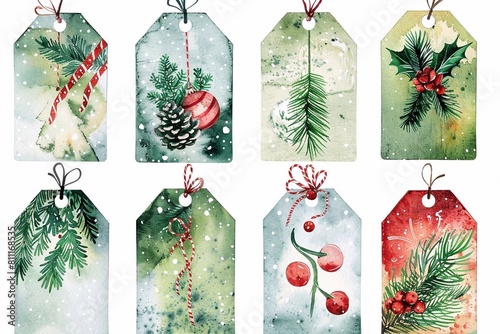 Festive and beautiful set of watercolor Christmas gift tags with holiday motifs isolated on white background