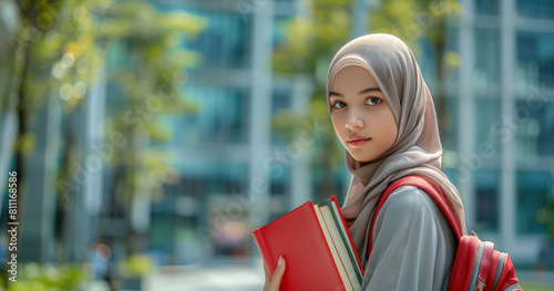 Young muslim schoolgirls in hijab holding books. Islamic education concept for women. Generative ai
