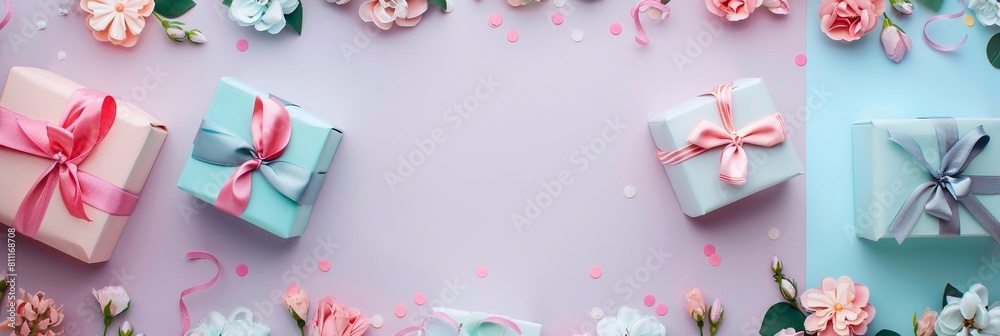 Top view concept photo of woman's day composition gift boxes with bows ribbon flowers on isolated pastel background with copyspace for text banner Top view concept photo of woman's day composition gift boxes with bows ribbon flowers on isolated pastel background with copyspace for text banner
