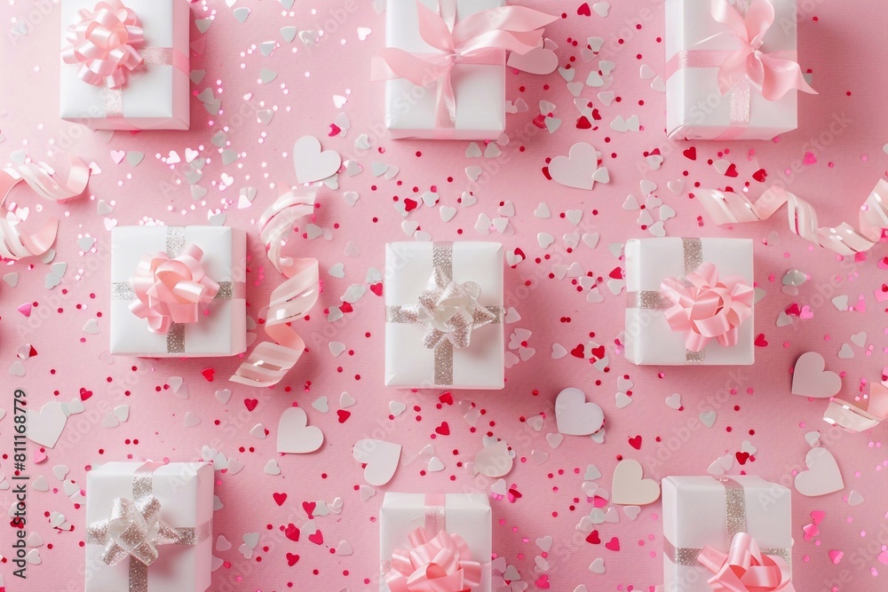 Top view photo of white gift boxes with pink bows curly ribbon silver sequins and heart shaped confetti on isolated pastel pink background with copyspace Top view photo of white gift boxes with pink bows curly ribbon silver sequins and heart shaped confetti on isolated pastel pink background with copyspace