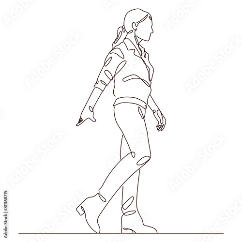 Hand drawn woman walking one line drawing