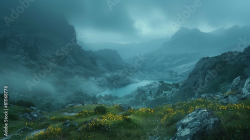 Cinematic landscape photo of highland,misty mountains,green grass on hills,landscape concept.
