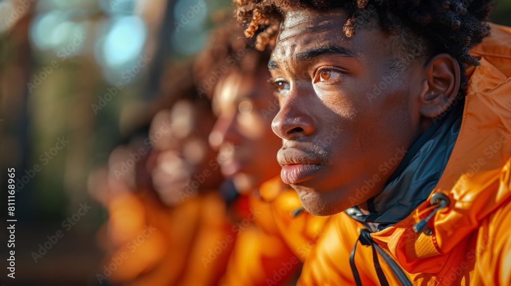 A group of men in orange jackets lined up with their eyes closed, AI