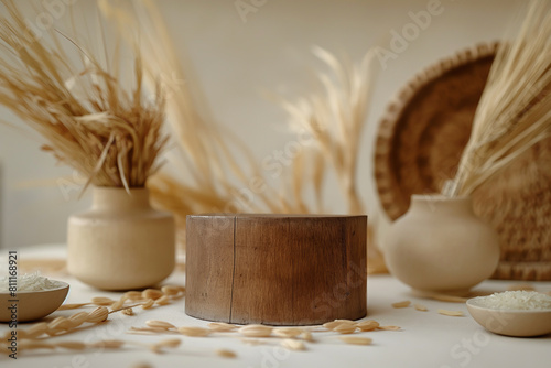 A wooden podium surrounded by wheat and pottery.