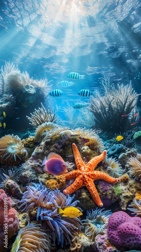 Colorful underwater scene with starfish surrounded by tropical fish and coral reef