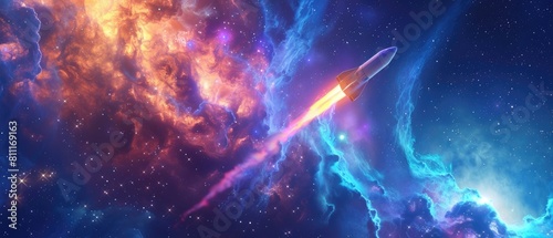 A 3D renderRocket gliding through a dreamy cosmic nebula with vibrant color trails photo