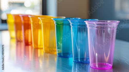 A row of colorful transparent plastic cups on a table.