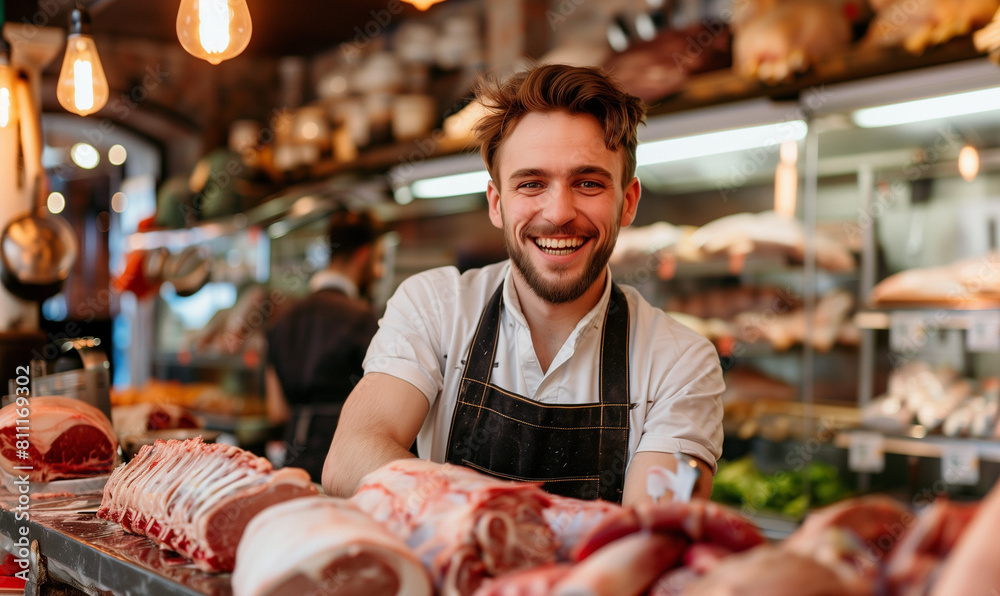 A smiling young man working as a butcher stands at the butcher counter, greeting customers with a friendly smile. A smiling young man working as a butcher stands at the butcher counter, greeting customers with a friendly smile.