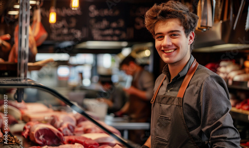 A smiling young man working as a butcher stands at the butcher counter, greeting customers with a friendly smile. photo