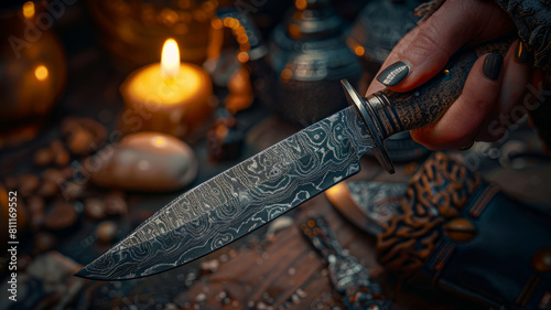 Partial view of a hand holding a patterned knife.