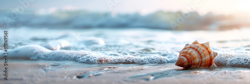 Seashell on sandy beach with ocean wave in background banner. Panoramic web header. Wide screen wallpaper