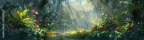 The rainforest after the rain with sunlight penetrating into the forest photo