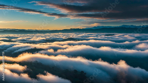 Sea of clouds over fields just after sun rise 16:9 with copyspace photo
