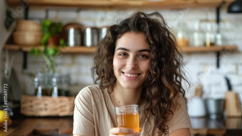 Young woman drinking Kombucha on kitchen white background. Healthy natural probiotic drink. Generative ai. © Iuliia Metkalova