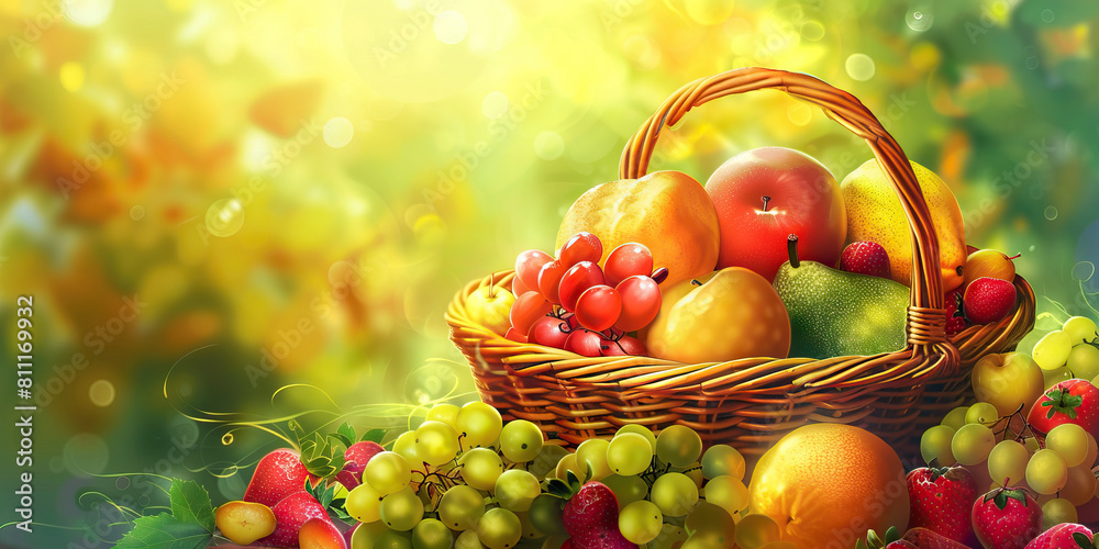 Fresh Fruit Basket: Clean Background with Juicy Green and Yellow Shades, Evoking Health and Nutrition Fresh Fruit Basket: Clean Background with Juicy Green and Yellow Shades, Evoking Health and Nutrition