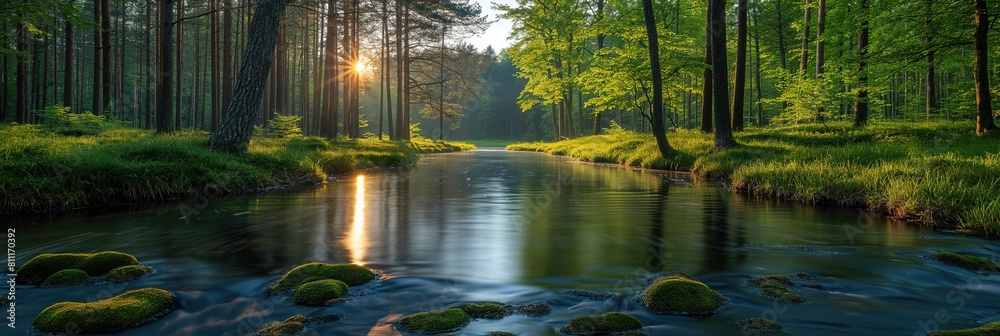 quiet nature landscape small creek flow in green forest with sunlit, Generative Ai