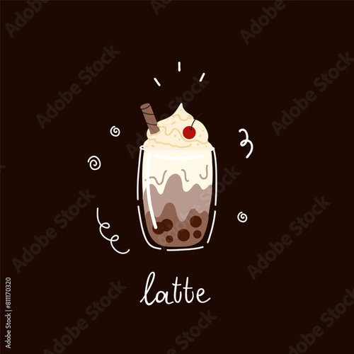 Bubble tea. Coffee and milkshakes with boba balls. Summer cold drink with tapioca pearls. Glass and takeaway plastic cups. Fruit yummy smoothie. Doodle drawing. Cartoon isolated illustration © Mariya