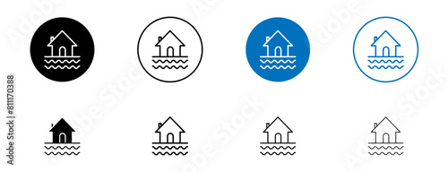 House flood vector icon set. River water natural disaster damage home symbol. Tsunami disaster sign in black and blue color.