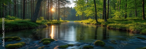 quiet nature landscape small creek flow in green forest with sunlit  Generative Ai