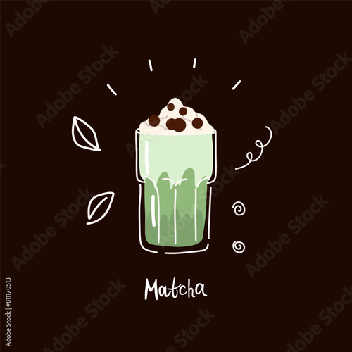 Bubble matcha. Tea and milkshakes with boba balls. Summer cold drink with tapioca pearls. Glass and takeaway plastic cups. Fruit yummy smoothie. Menu card. Doodle drawing. Cartoon isolated illustratio © Mariya