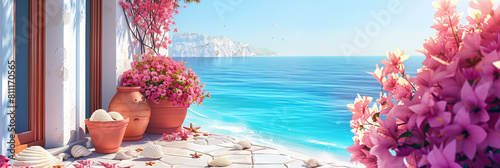 Colorful seaside terrace with blooming flowers overlooking blue ocean under clear sky banner. Panoramic web header. Wide screen wallpaper