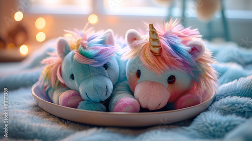 Two plush unicorn toys on bed