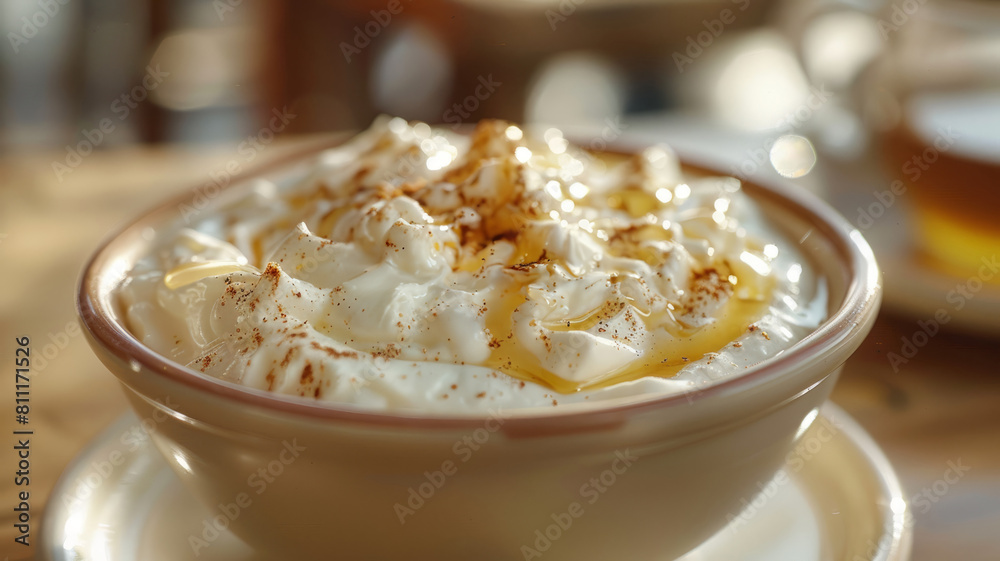 A dessert with whipped cream and caramel A dessert with whipped cream and caramel