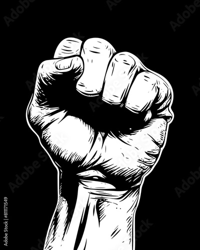 Bold black and white illustration of a clenched fist, symbolizing strength, resistance, and unity. Ideal for activism, protest, or motivational designs conveying power and determination