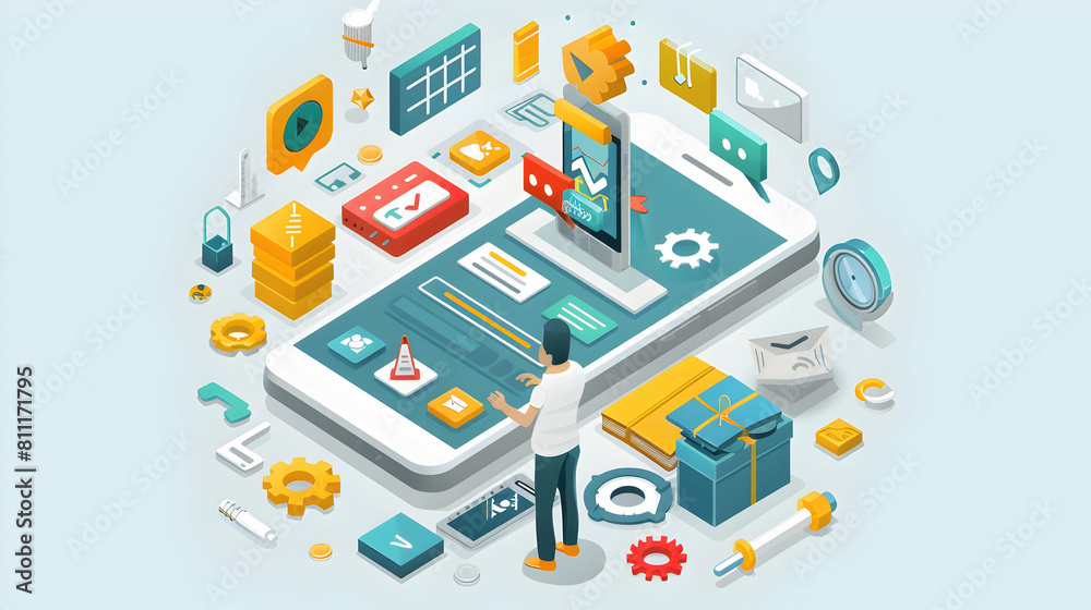 Entrepreneur Creating Mobile App Prototype Concept: 3D Simple Business Flat Illustration   An Entrepreneur Testing User Interactions for a Product Market Fit in Isometric Scene
