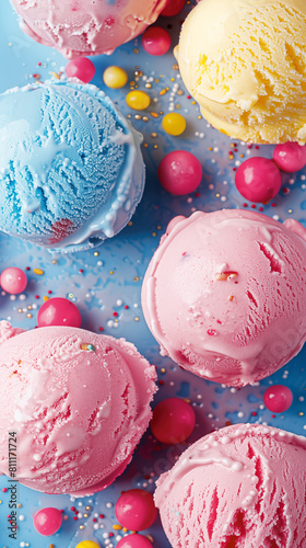 Top view of colorful ice cream scoops with sprinkles and candy on blue background