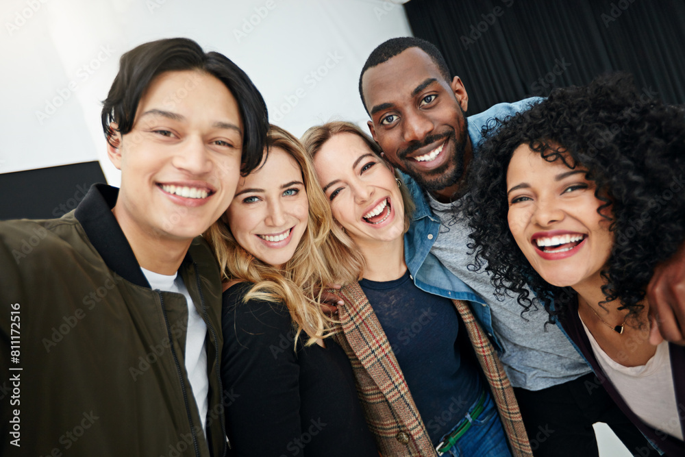 Happy people, portrait and diversity with selfie for photography, picture or memory together at office. Creative group of friendly employees with smile in team building moment or startup at workplace