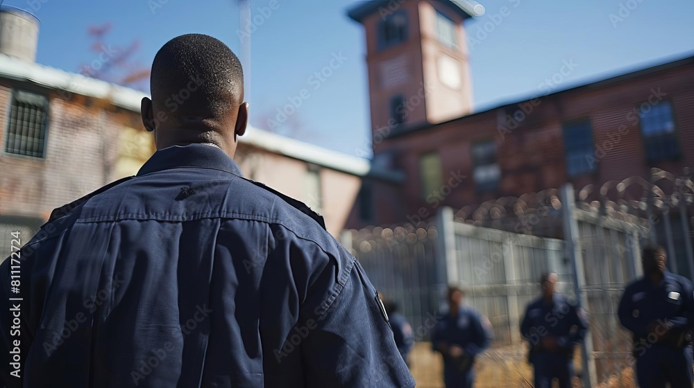 A prison guard looks out at the yard.