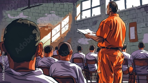 A group of prisoners listen attentively during a class in prison. photo