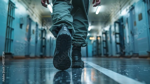 A prisoner walks down a prison hallway. photo
