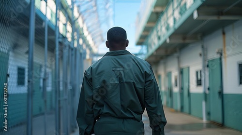 A stoic man in a green jumpsuit walks through a prison yard.