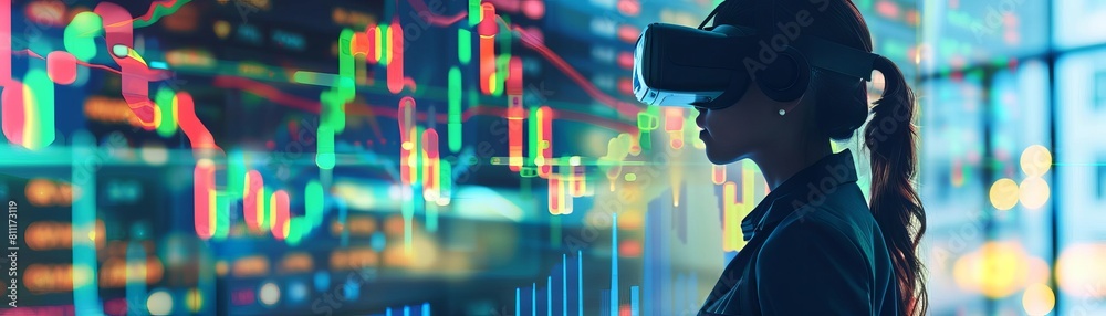 The photo shows a woman wearing a virtual reality headset The photo shows a woman wearing a virtual reality headset