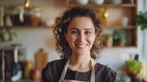 smiling housewife in home kitchen, friendly female chef, Generative Ai